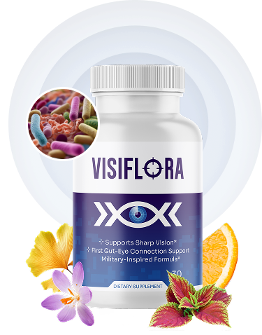VisiFlora supplement bottle with floral and citrus artwork